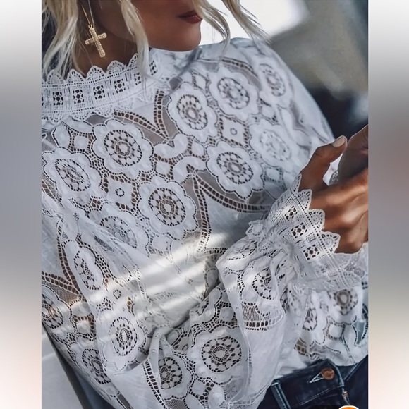 NWT Solid Lace Blouse, Elegant Vintage Semi-Sheer High Neck - Picture 2 of 5